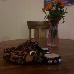 Schultz Leopard Print Mules with Silver Accent
